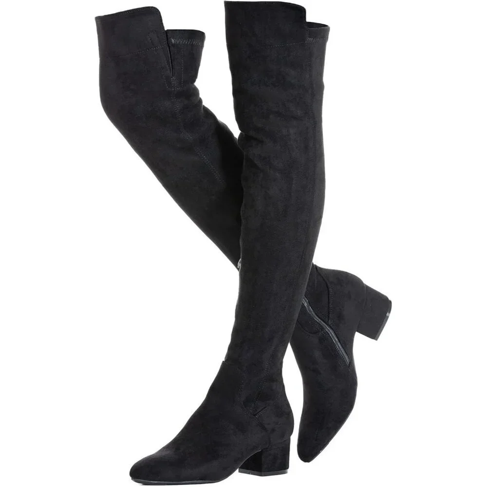 Women Black/2 Inch Heel Faux Suede Over The Knee Thigh High Low Block Heel Boot
